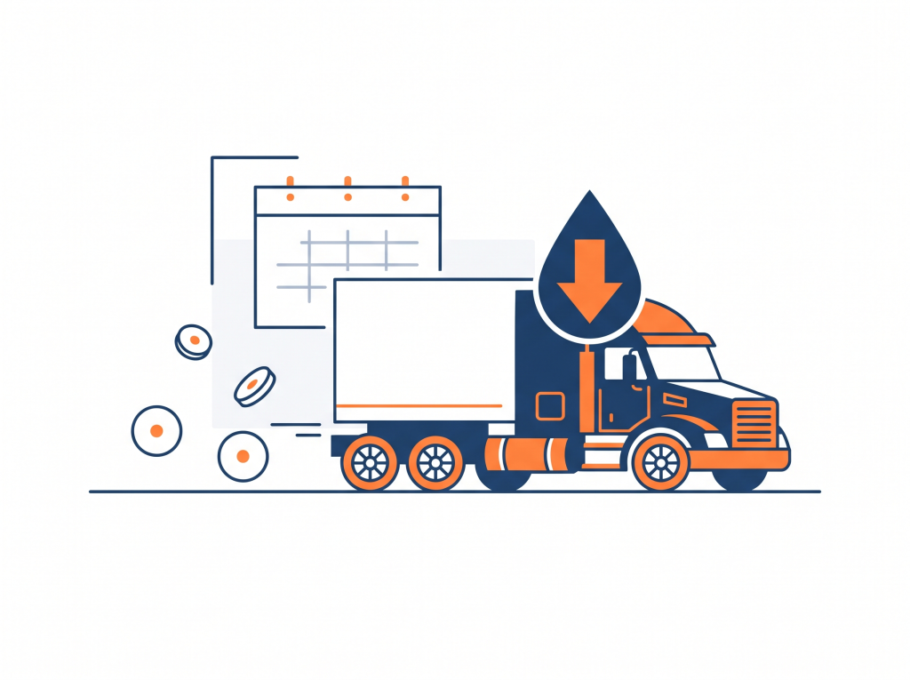 Ilustración de un camión con una gota de combustible y una flecha hacia abajo que simboliza el ahorro de gasóleo